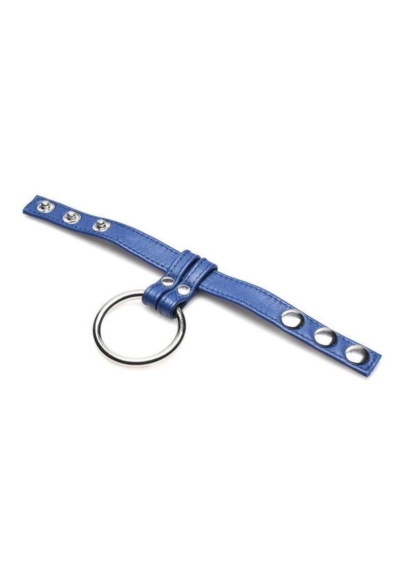 Strict Leather Cock Gear Leather and Steel Cock and Ball Ring - Blue/Metal