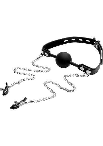 Strict Silicone Ball Gag with Nipple Clamps