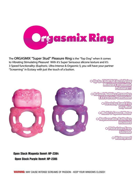 Super Stud Orgasmic Vibrating Silicone Cock Ring Waterproof - Magenta/Pink