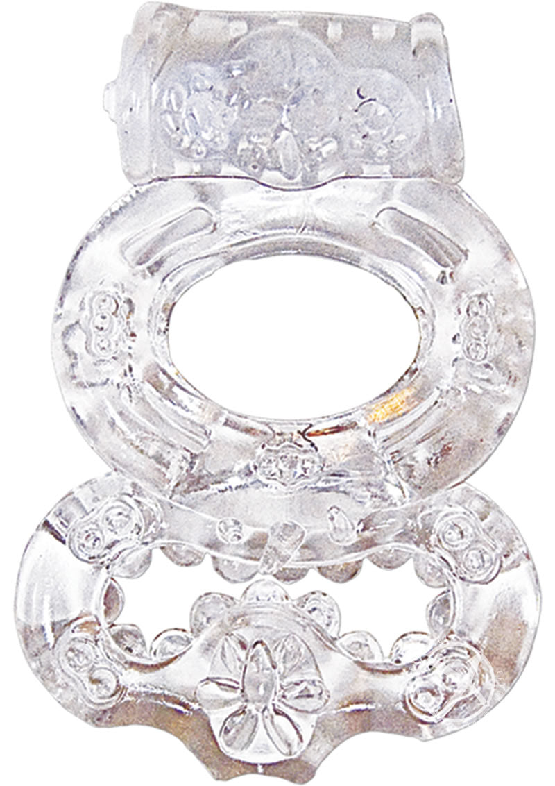 The Macho Crystal Collection Double Ring Vibrating Cock Ring - Clear