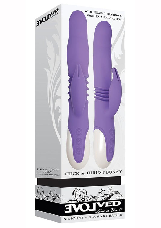 Thick and Thrust Bunny Rechargeable Silicone Rabbit Vibrator with Length Thrusting and Girth Expanding Action - Lavender/Purple