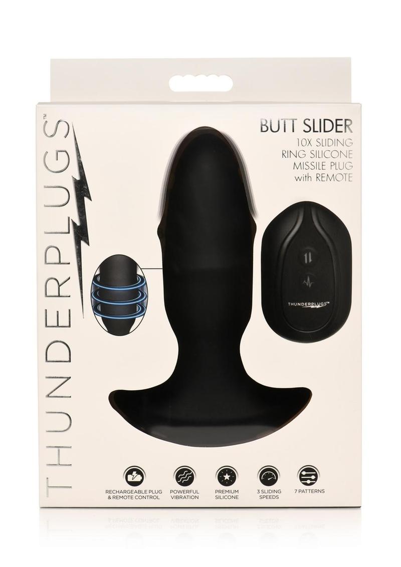 Thunder Plug Butt Slider 7x Sliding Ring Silicone Rechargeable Missle Plug with Remote Control - Black