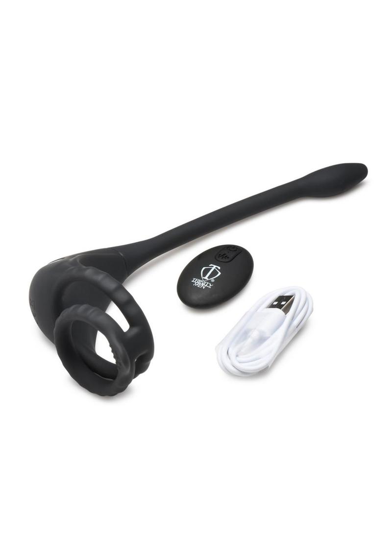 Trinity Men Vibrating Rechargeable Silicone Cock Ring and Anal Stimulator - Black