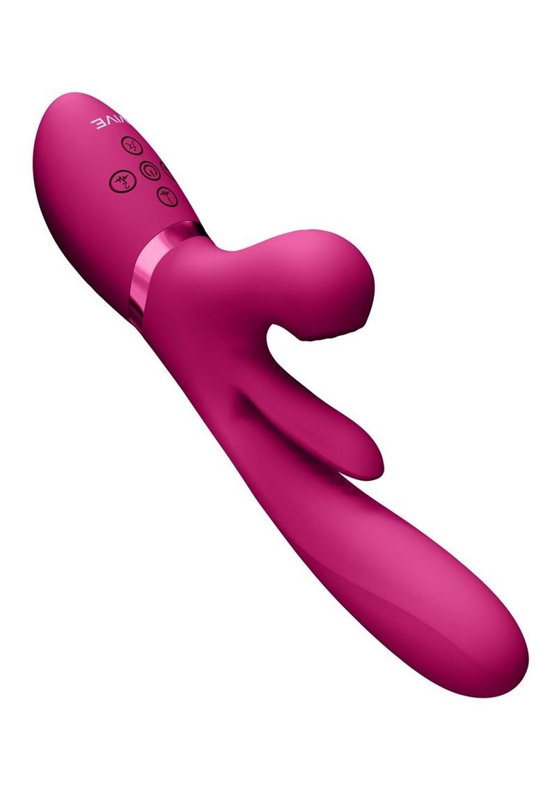 Vive Kura Rechargeable Silicone Triple Motor Thrusting G-Spot with Flapper and Air Wave Clit Stimulation Vibrator - Pink