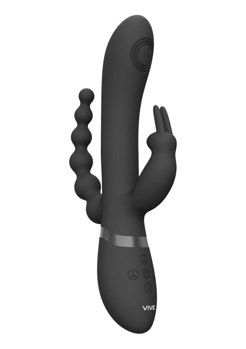 Vive Rini Rechargeable Silicone Pulse Wave and Vibrating Double Penetration Rabbit - Black