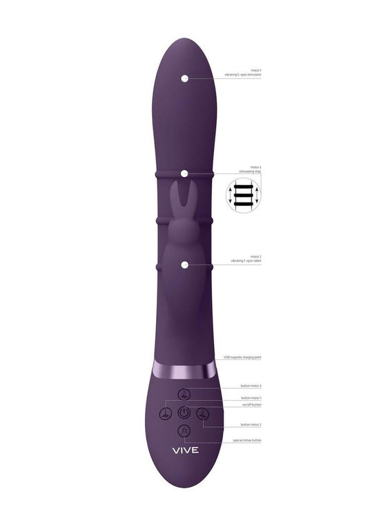 Vive Kura Rechargeable Silicone Triple Motor Up and Down Vibrating Triple Ring Rabbit - Purple