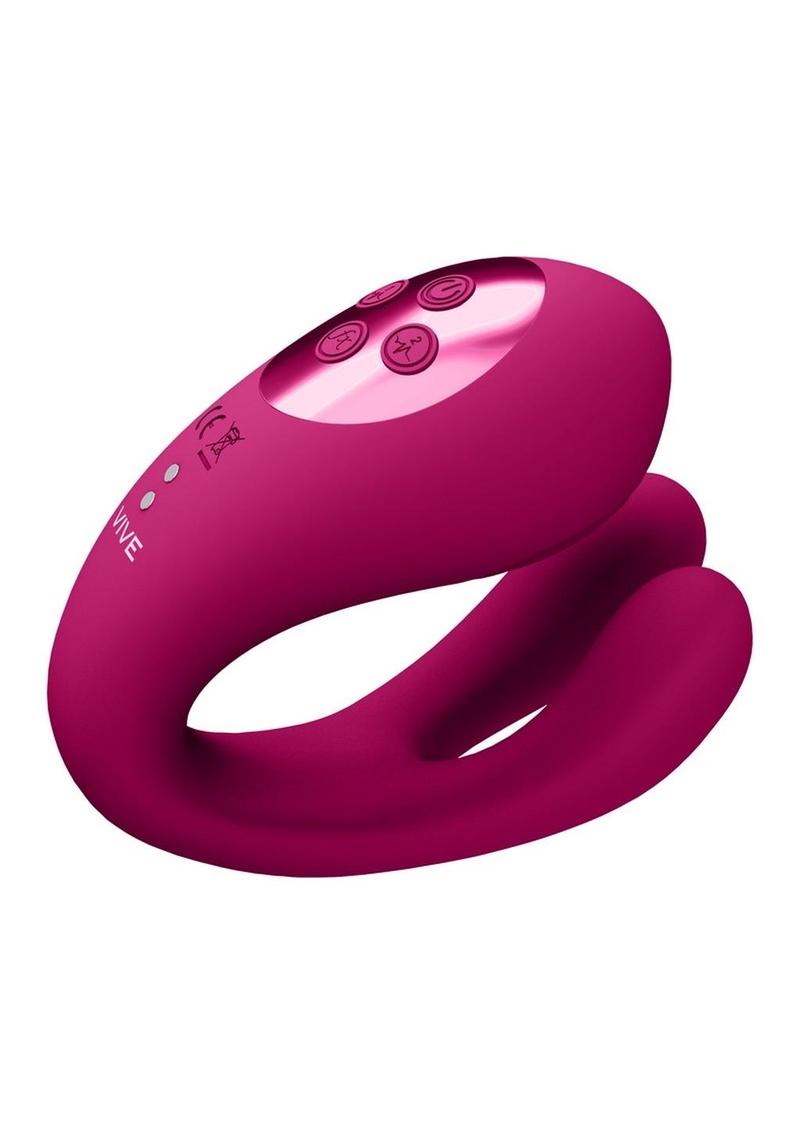 Vive Yoko Rechargeable Silicone Tripe Motor Dual Prongs with Clitoral Pulse Wave Vibrator - Pink