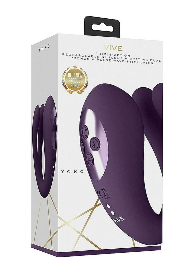 Vive Yoko Rechargeable Silicone Tripe Motor Dual Prongs with Clitoral Pulse Wave Vibrator - Purple