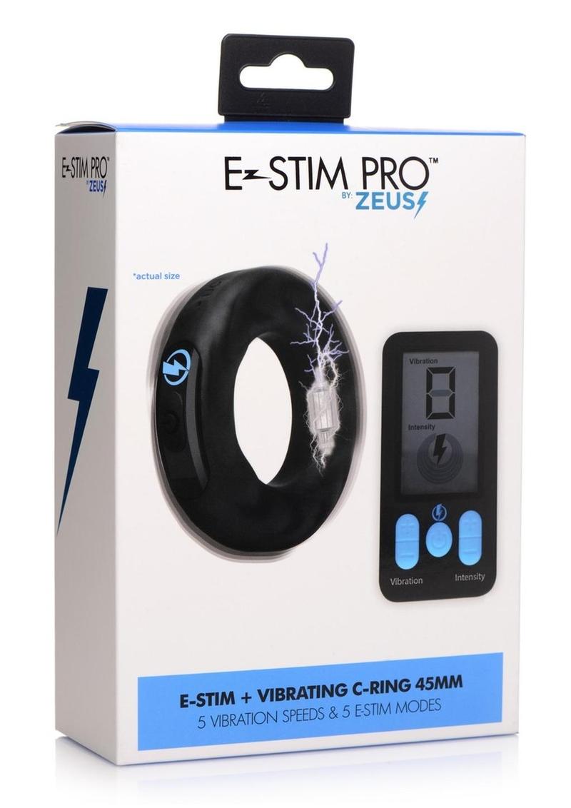 Zeus Vibrating and E-Stim Rechargeable Silicone Cock Ring with Remote Control - Black - 45mm