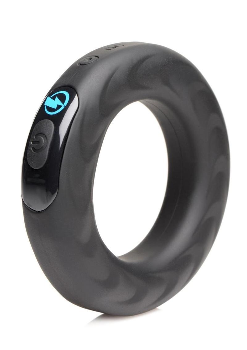 Zeus Vibrating and E-Stim Rechargeable Silicone Cock Ring with Remote Control - Black - 50mm