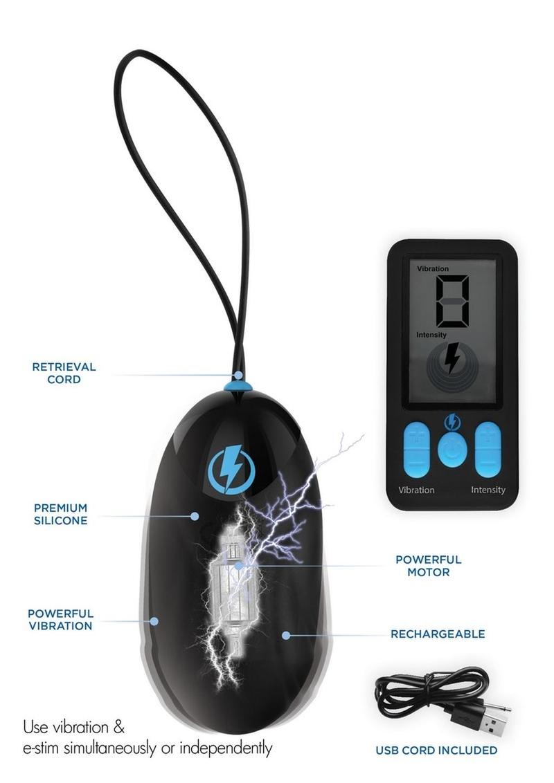 Zeus Vibrating and E-Stim Rechargeable Silicone Egg with Remote Control - Black