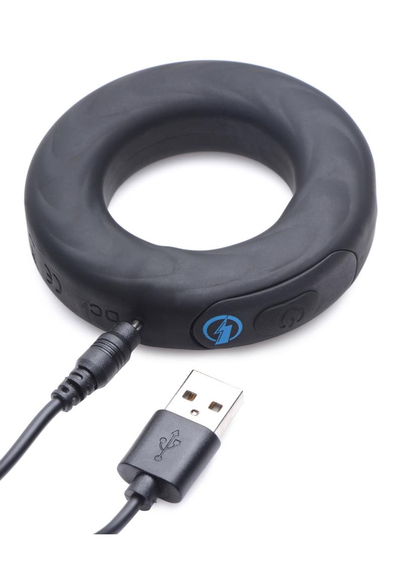 Zeus Vibrating and E-Stim Silicone Rechargeable Cock Ring with Remote Control - Black